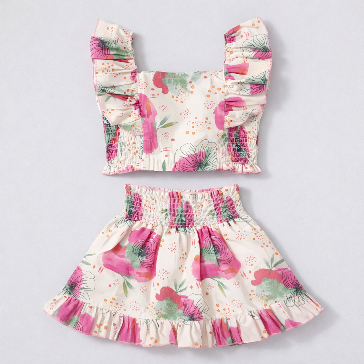 The Magic Wand Cotton Woven Ruffle Sleeves Floral Printed Smocking Top And Skirt Set - Pink