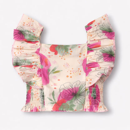 The Magic Wand Cotton Woven Ruffle Sleeves Floral Printed Smocking Top And Skirt Set - Pink