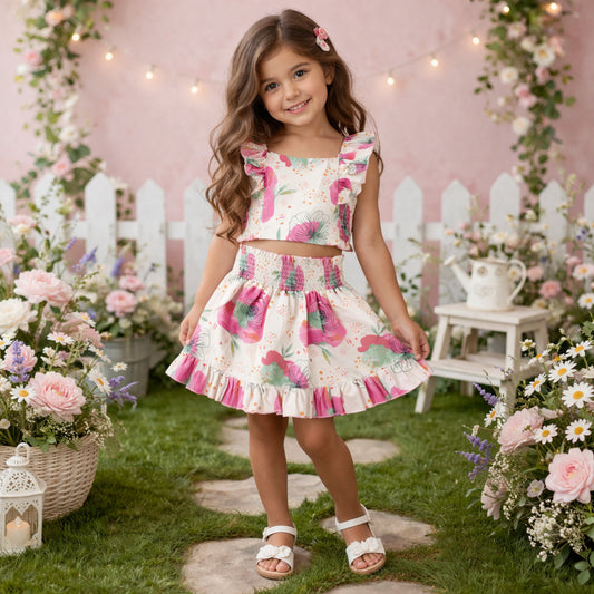 The Magic Wand Cotton Woven Ruffle Sleeves Floral Printed Smocking Top And Skirt Set - Pink