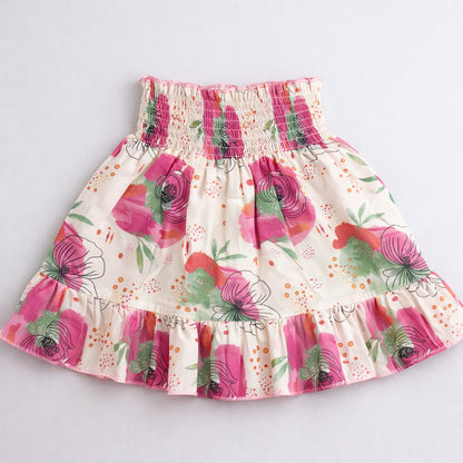 The Magic Wand Cotton Woven Ruffle Sleeves Floral Printed Smocking Top And Skirt Set - Pink