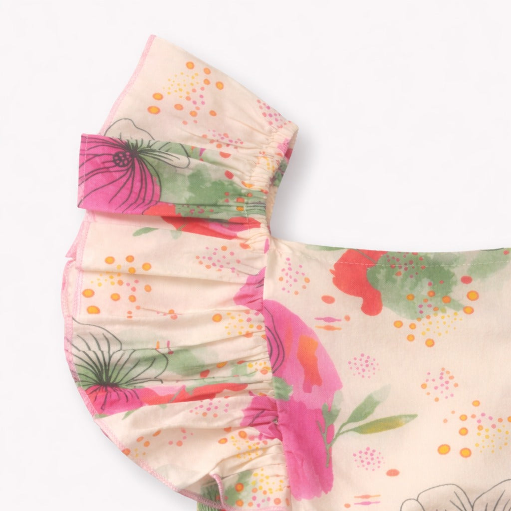 The Magic Wand Cotton Woven Ruffle Sleeves Floral Printed Smocking Top And Skirt Set - Pink