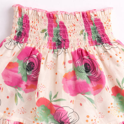 The Magic Wand Cotton Woven Ruffle Sleeves Floral Printed Smocking Top And Skirt Set - Pink