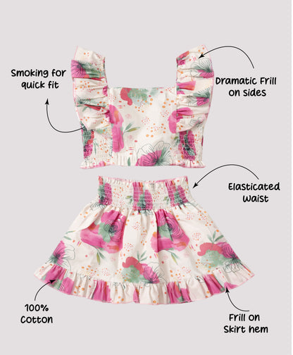 The Magic Wand Cotton Woven Ruffle Sleeves Floral Printed Smocking Top And Skirt Set - Pink