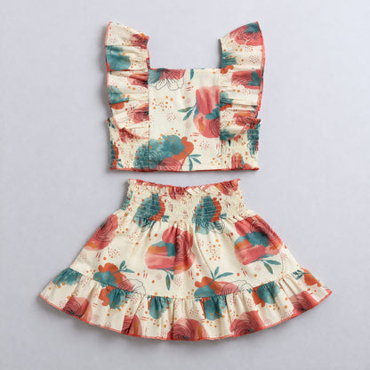 The Magic Wand Cotton Woven Ruffle Sleeves Floral Printed Smocking Top And Skirt Set - Coral
