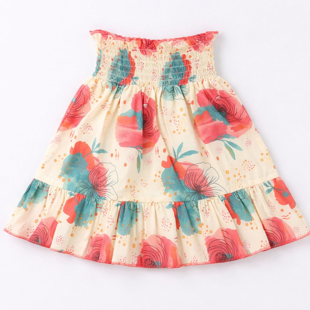 The Magic Wand Cotton Woven Ruffle Sleeves Floral Printed Smocking Top And Skirt Set - Coral