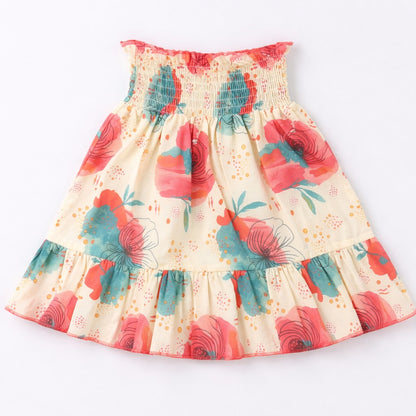 The Magic Wand Cotton Woven Ruffle Sleeves Floral Printed Smocking Top And Skirt Set - Coral
