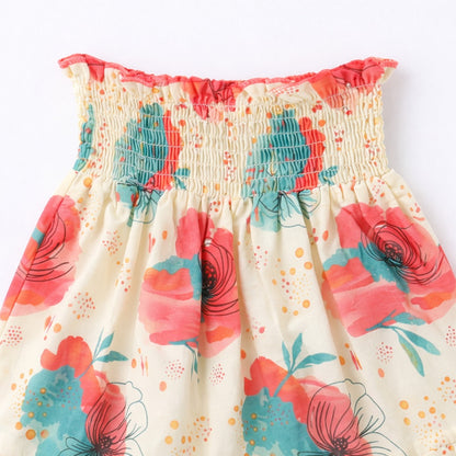 The Magic Wand Cotton Woven Ruffle Sleeves Floral Printed Smocking Top And Skirt Set - Coral