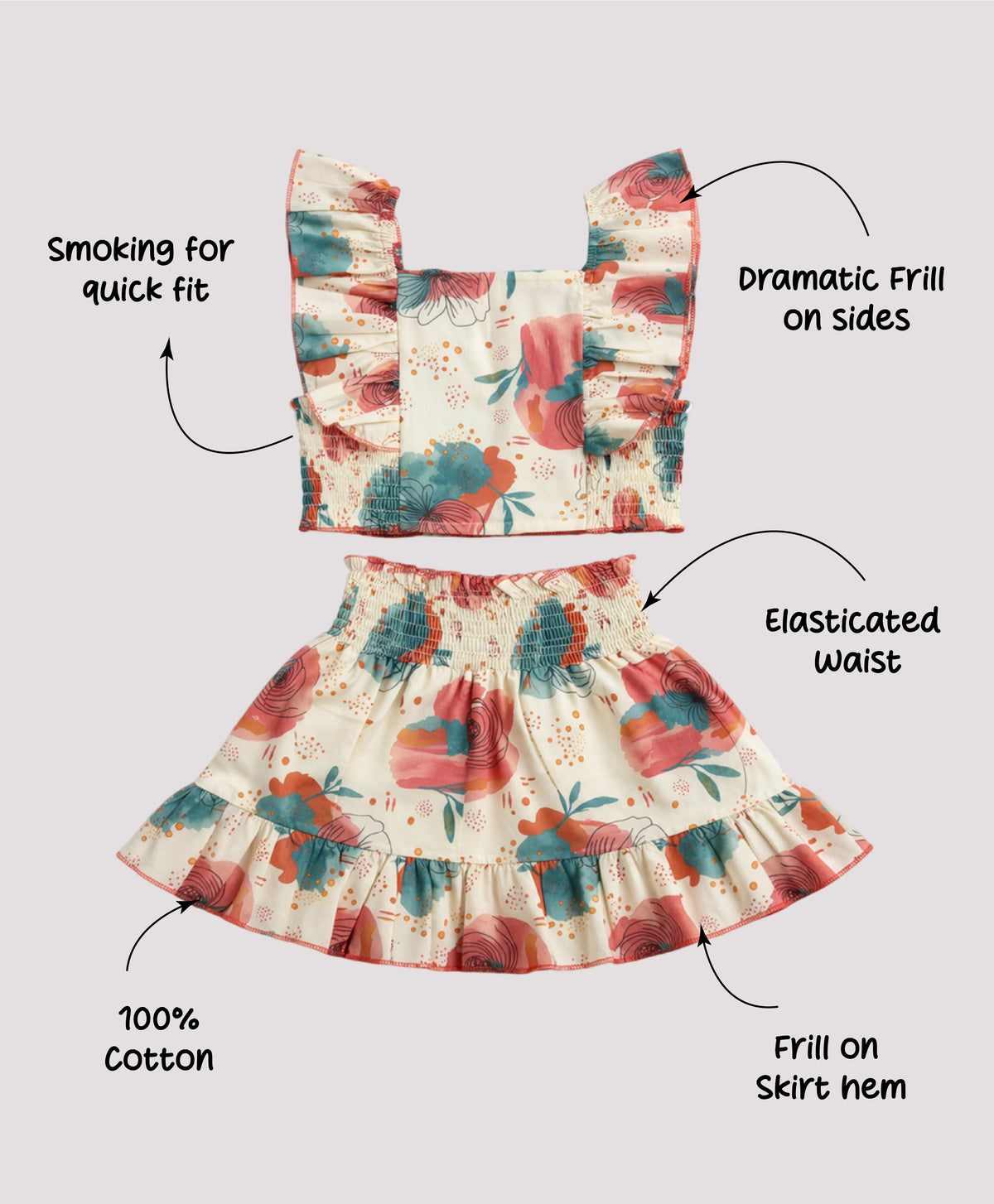 The Magic Wand Cotton Woven Ruffle Sleeves Floral Printed Smocking Top And Skirt Set - Coral