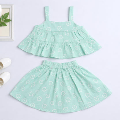 The Magic Wand Cotton Woven Strappy Floral Printed Flared Top And Skirt Set - Mint Green