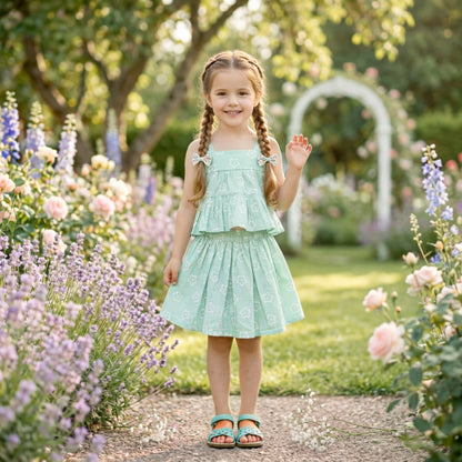 The Magic Wand Cotton Woven Strappy Floral Printed Flared Top And Skirt Set - Mint Green