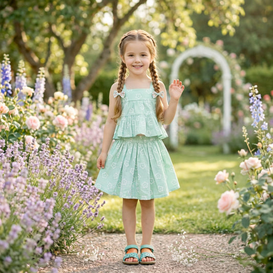 The Magic Wand Cotton Woven Strappy Floral Printed Flared Top And Skirt Set - Mint Green