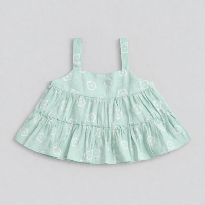 The Magic Wand Cotton Woven Strappy Floral Printed Flared Top And Skirt Set - Mint Green