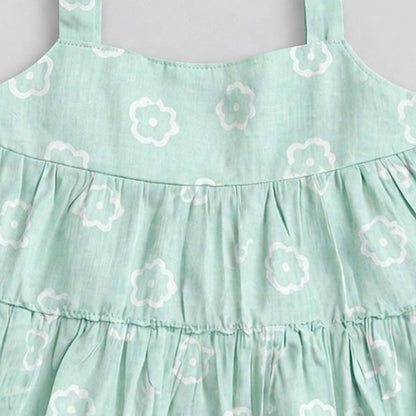 The Magic Wand Cotton Woven Strappy Floral Printed Flared Top And Skirt Set - Mint Green