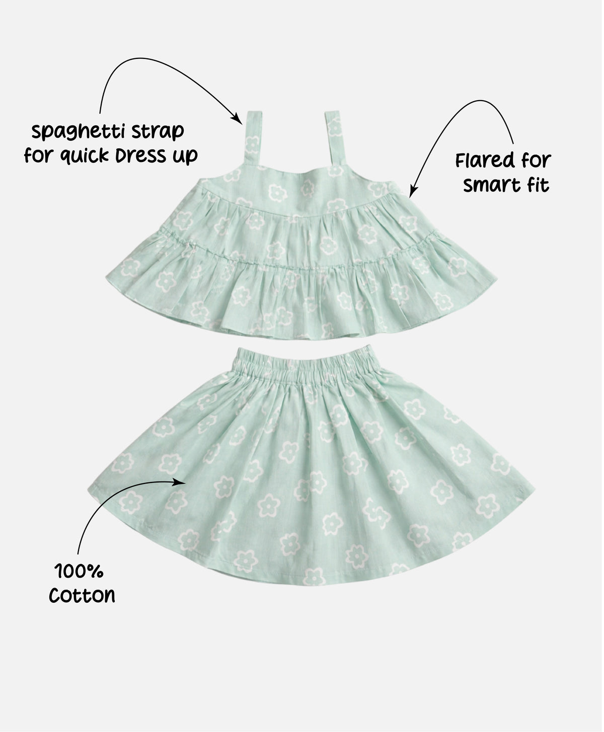 The Magic Wand Cotton Woven Strappy Floral Printed Flared Top And Skirt Set - Mint Green
