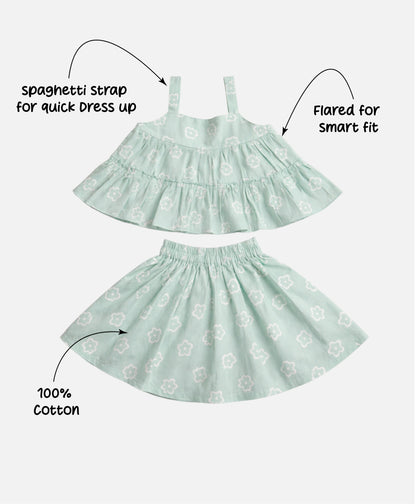 The Magic Wand Cotton Woven Strappy Floral Printed Flared Top And Skirt Set - Mint Green
