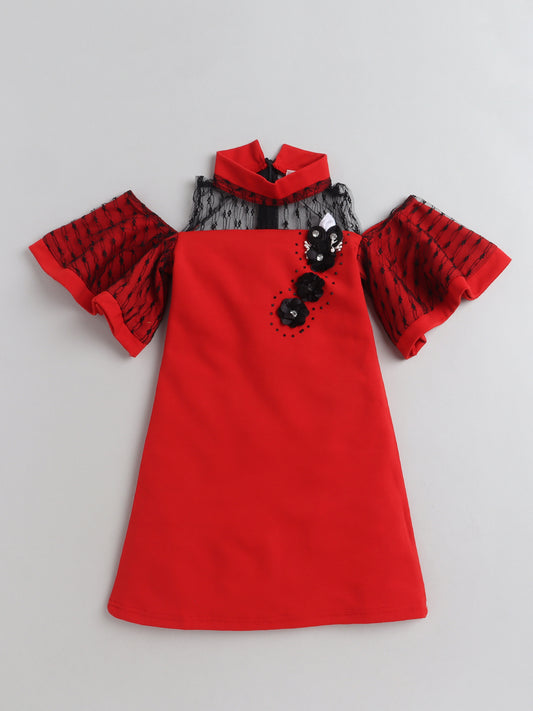 Cold Shoulder Sleeve Dress with Net around Neck-Red