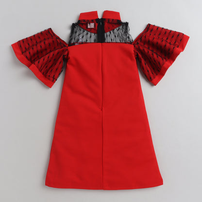 Cold Shoulder Sleeve Dress with Net around Neck-Red