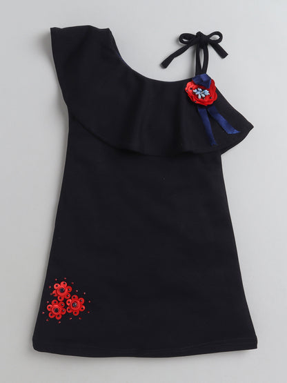 One Shoulder Tie up Asymmetrical Formal Dress with Flowers-Black