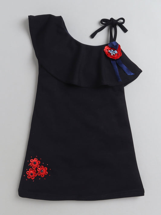 One Shoulder Tie up Asymmetrical Formal Dress with Flowers-Black