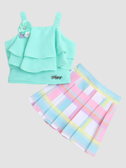 The Magic Wand Woven Sleeveless Floral Applique Detailed Top And Skirt Set - Blue