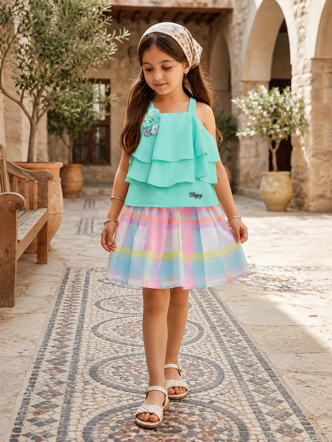 The Magic Wand Woven Sleeveless Floral Applique Detailed Top And Skirt Set - Blue