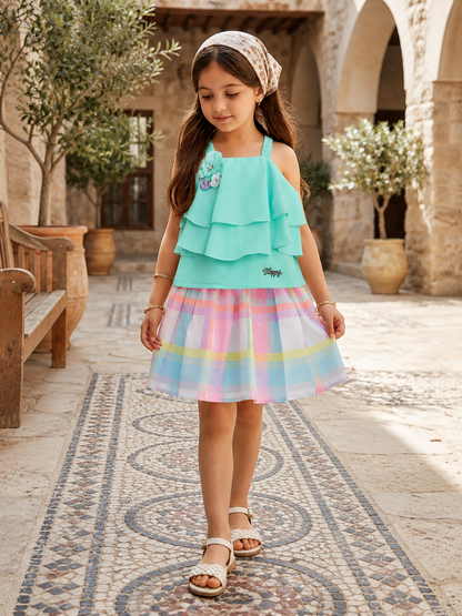 The Magic Wand Woven Sleeveless Floral Applique Detailed Top And Skirt Set - Blue