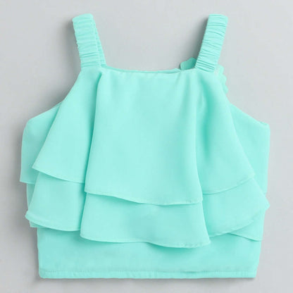 The Magic Wand Woven Sleeveless Floral Applique Detailed Top And Skirt Set - Blue