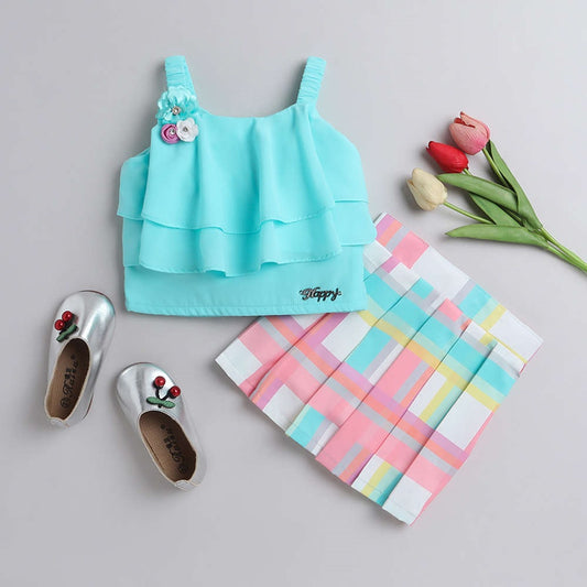 3/4th Sleeves Cotton Floral Printed Gathered Top & Pant Set Teal