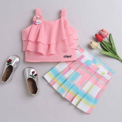 The Magic Wand Woven Sleevesless Solid Top And Printed Skirt Set - Pink