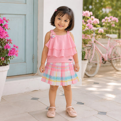 The Magic Wand Woven Sleevesless Solid Top And Printed Skirt Set - Pink