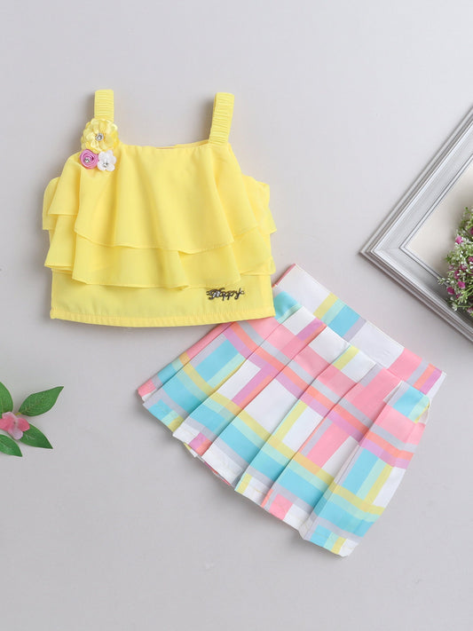 The Magic Wand Layered Strappy Ruffel Top With Chex Pleated Skirt Set Yellow