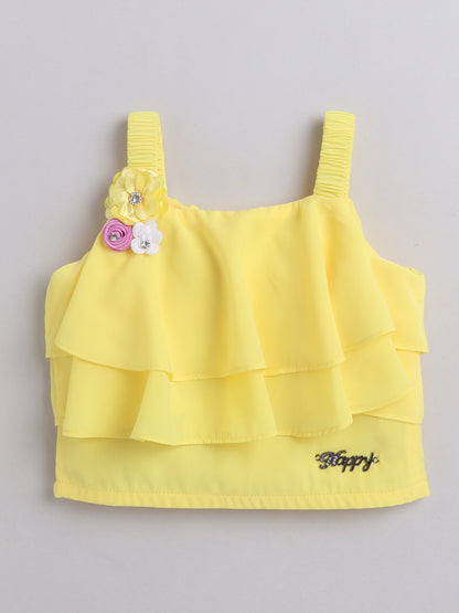The Magic Wand Layered Strappy Ruffel Top With Chex Pleated Skirt Set Yellow