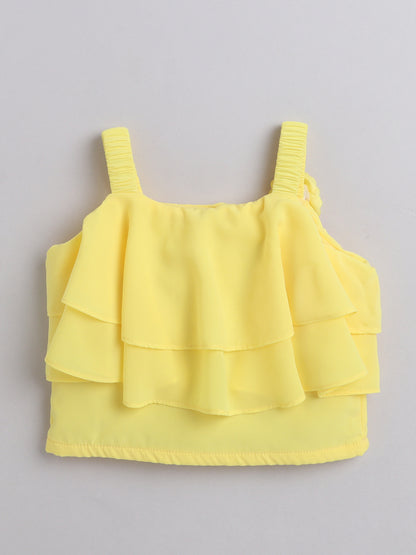 The Magic Wand Layered Strappy Ruffel Top With Chex Pleated Skirt Set Yellow
