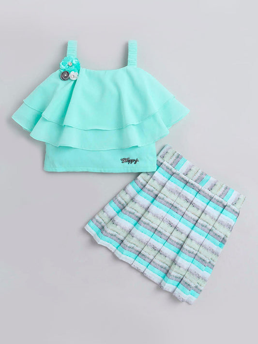The Magic Wand Layered Strappy Ruffle Top With Chex Pleated Skirt Set Aqua