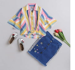 The Magic Wand Woven Three Fourth Sleeves Striped Shirt And Skirt Set - Multi Color