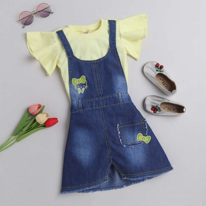 The Magic Wand Cotton Woven Top With Denim Pinafore Dress - Yellow