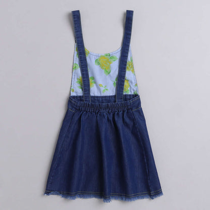 The Magic Wand Cotton Woven Top With Denim Pinafore Dress - Yellow