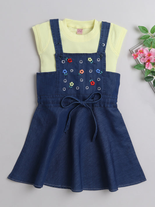 Short Sleeves Top With Floral Embroidered Denim Dungrees Set For Girls Yellow