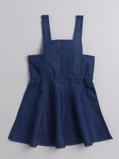 Short Sleeves Top With Floral Embroidered Denim Dungrees Set For Girls Yellow