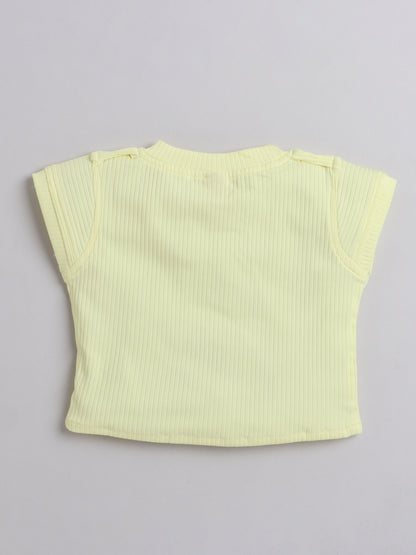 Short Sleeves Top With Floral Embroidered Denim Dungrees Set For Girls Yellow