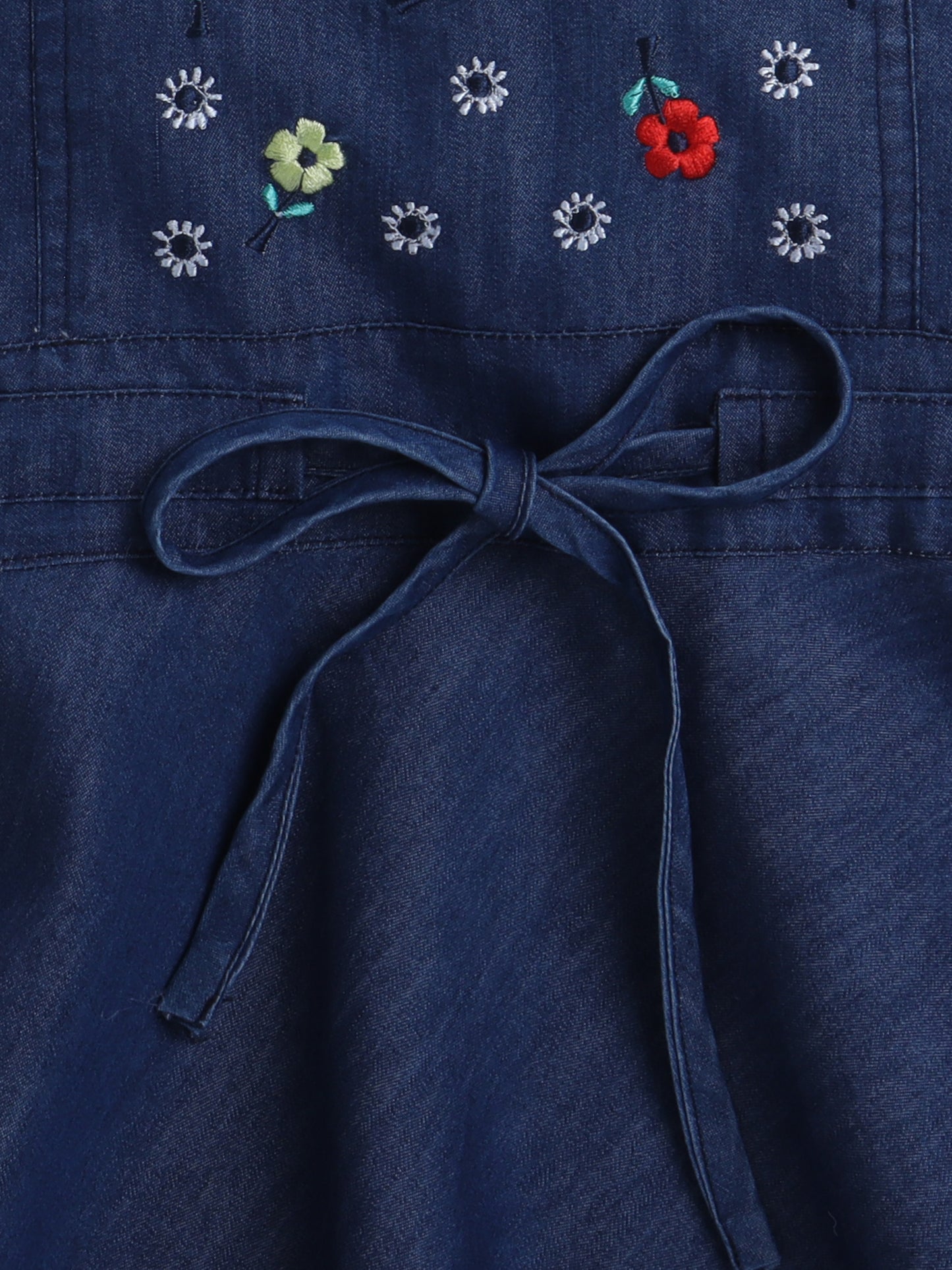 Short Sleeves Top With Floral Embroidered Denim Dungrees Set For Girls Yellow