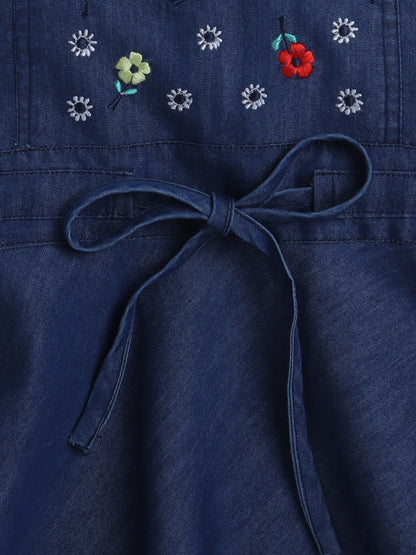 Short Sleeves Top With Floral Embroidered Denim Dungrees Set For Girls Yellow
