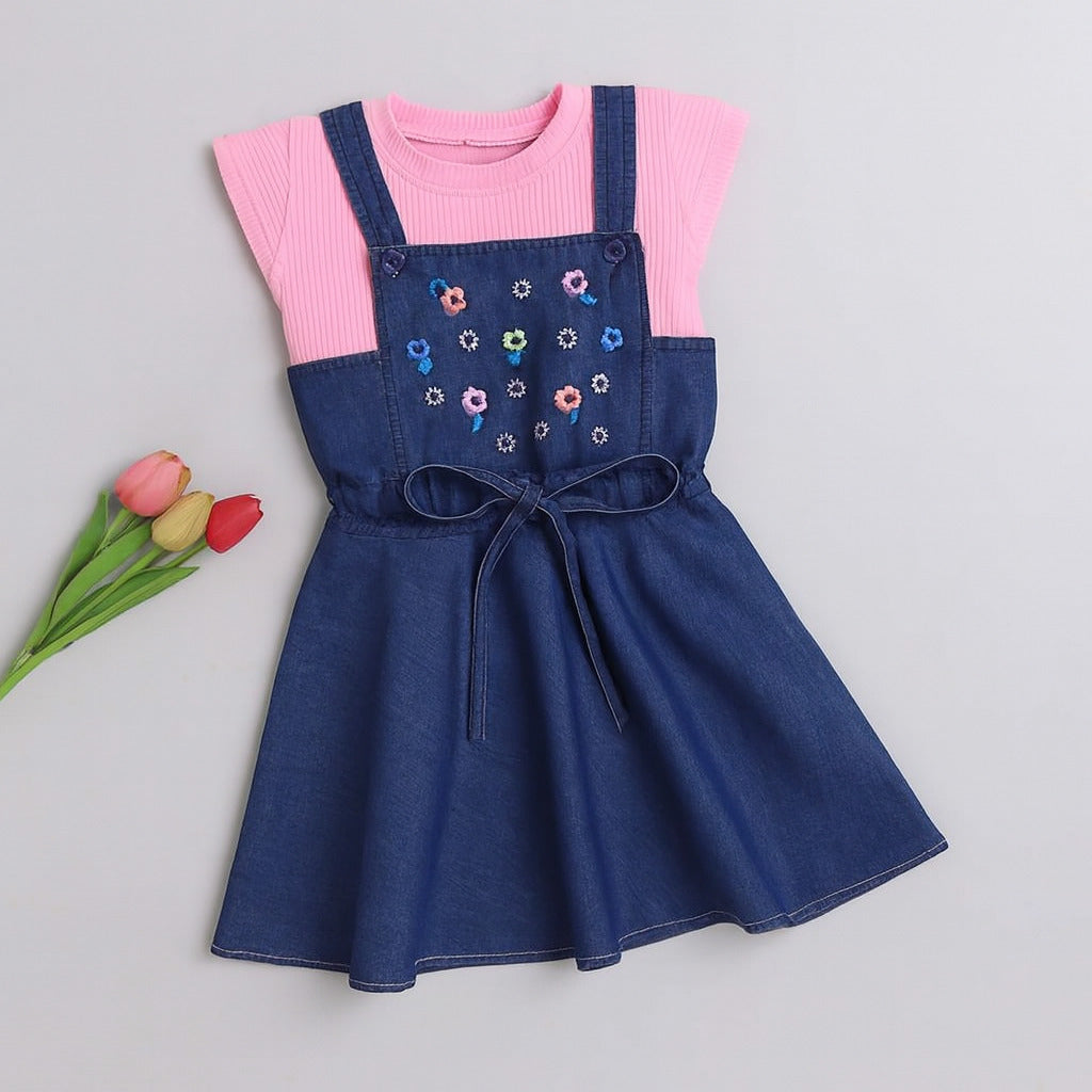 The Magic Wand Cotton Woven Top With Denim Pinafore Dress - Pink