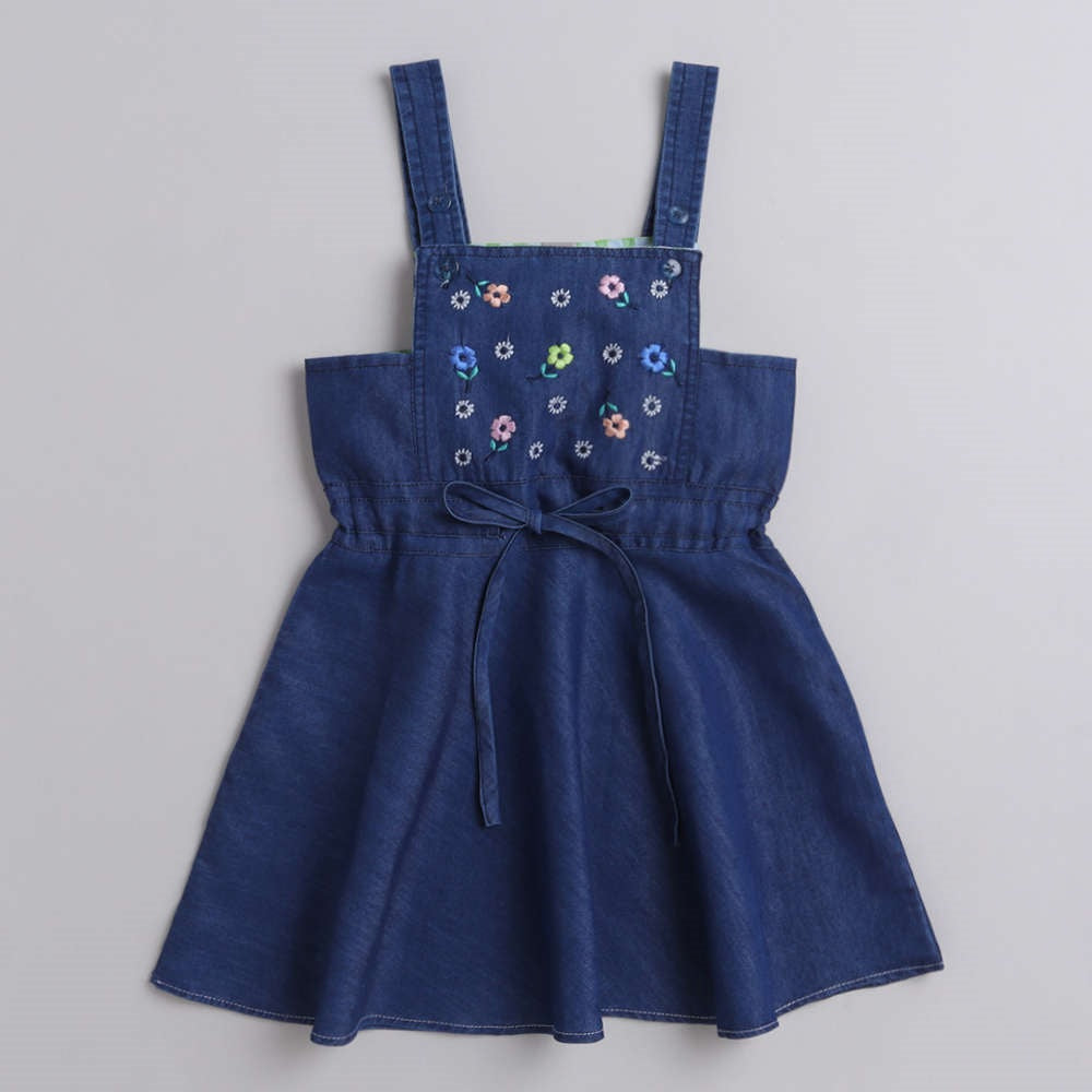 The Magic Wand Cotton Woven Top With Denim Pinafore Dress - Pink