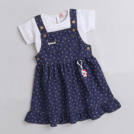 Short Sleeves Top With Printed Denim Dungrees Set For Girls Blue