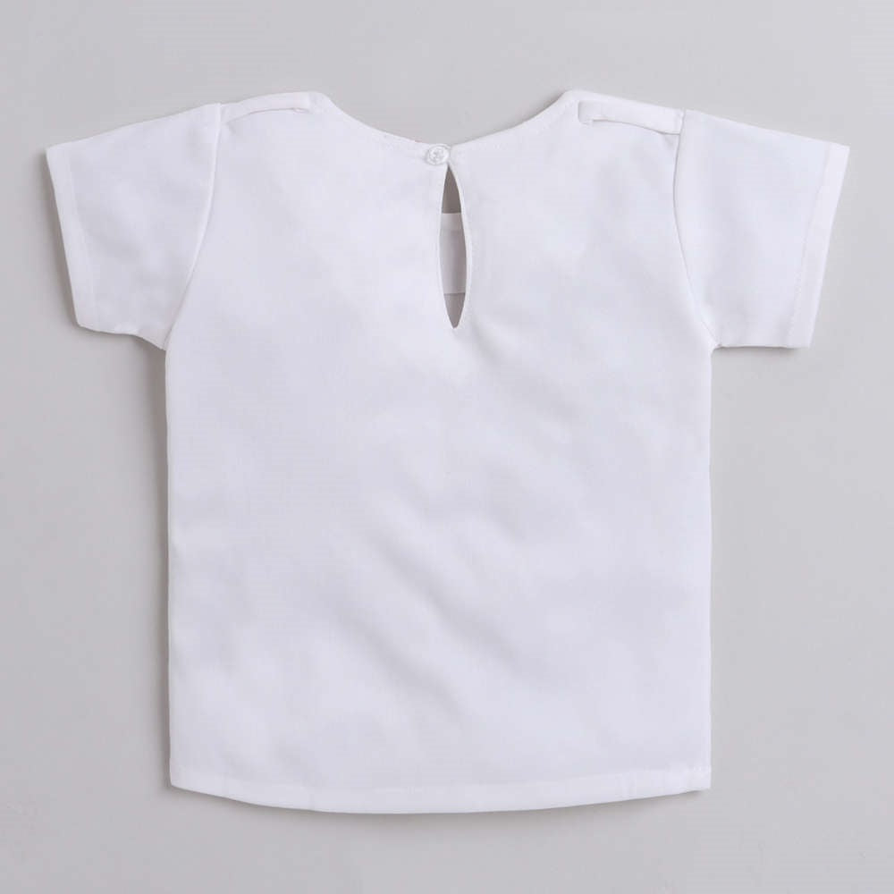Short Sleeves Top With Printed Denim Dungrees Set For Girls Blue