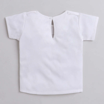 Short Sleeves Top With Printed Denim Dungrees Set For Girls Blue