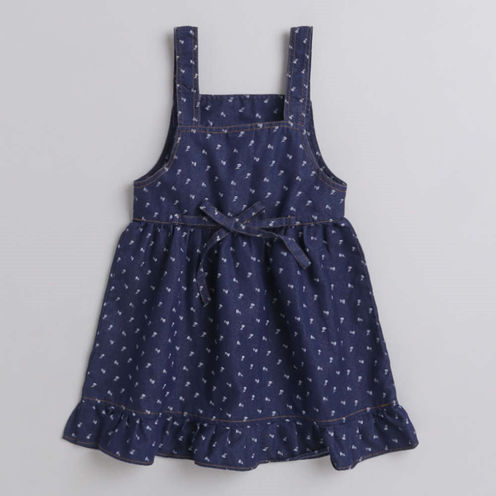 Short Sleeves Top With Printed Denim Dungrees Set For Girls Blue