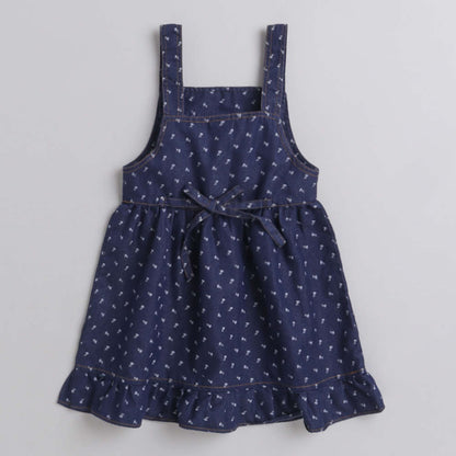 Short Sleeves Top With Printed Denim Dungrees Set For Girls Blue
