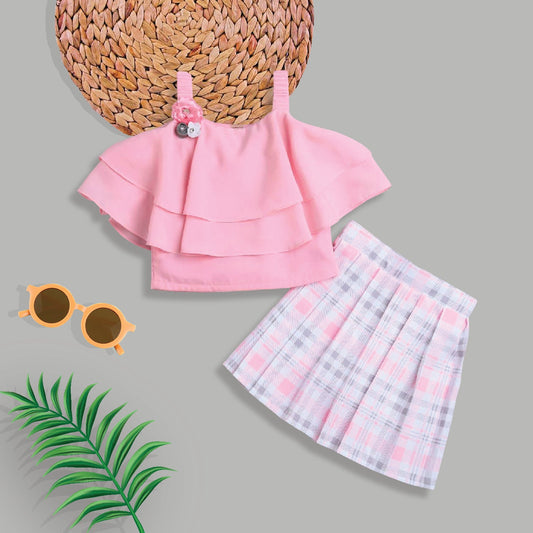 The Magic Wand Layered Strappy Ruffel Top With Chex Pleated Skirt Set Pink